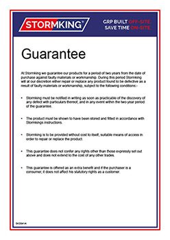 A Stormking guarantee certificate for Housing Developers outlining product warranty terms.