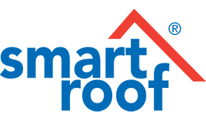 Smart Roof logo with blue text and a red roof outline above the word roof.